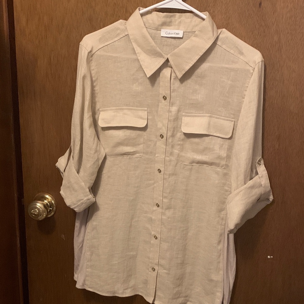 Calvin Klein Light Tan Roll-Up Sleeve Shirt Size Large
